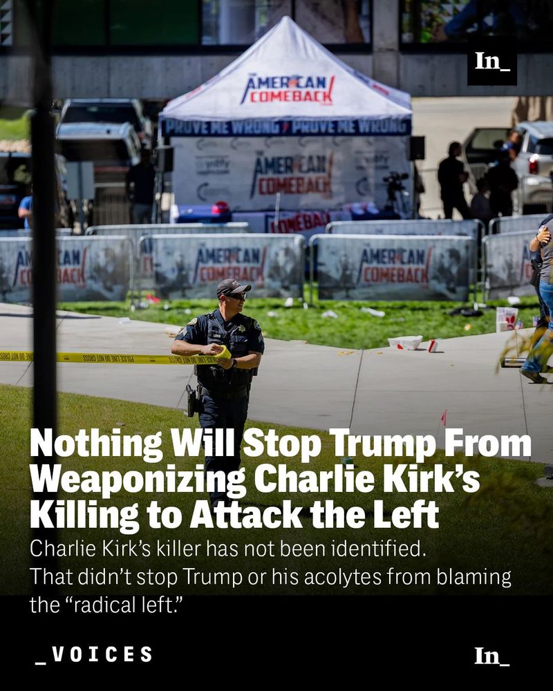 A photo of a law enforcement official taping off an area after Turning Point USA founder Charlie Kirk was shot at Utah Valley University on Sept. 10, 2025, in Orem, Utah, overlaid with the headline, 
