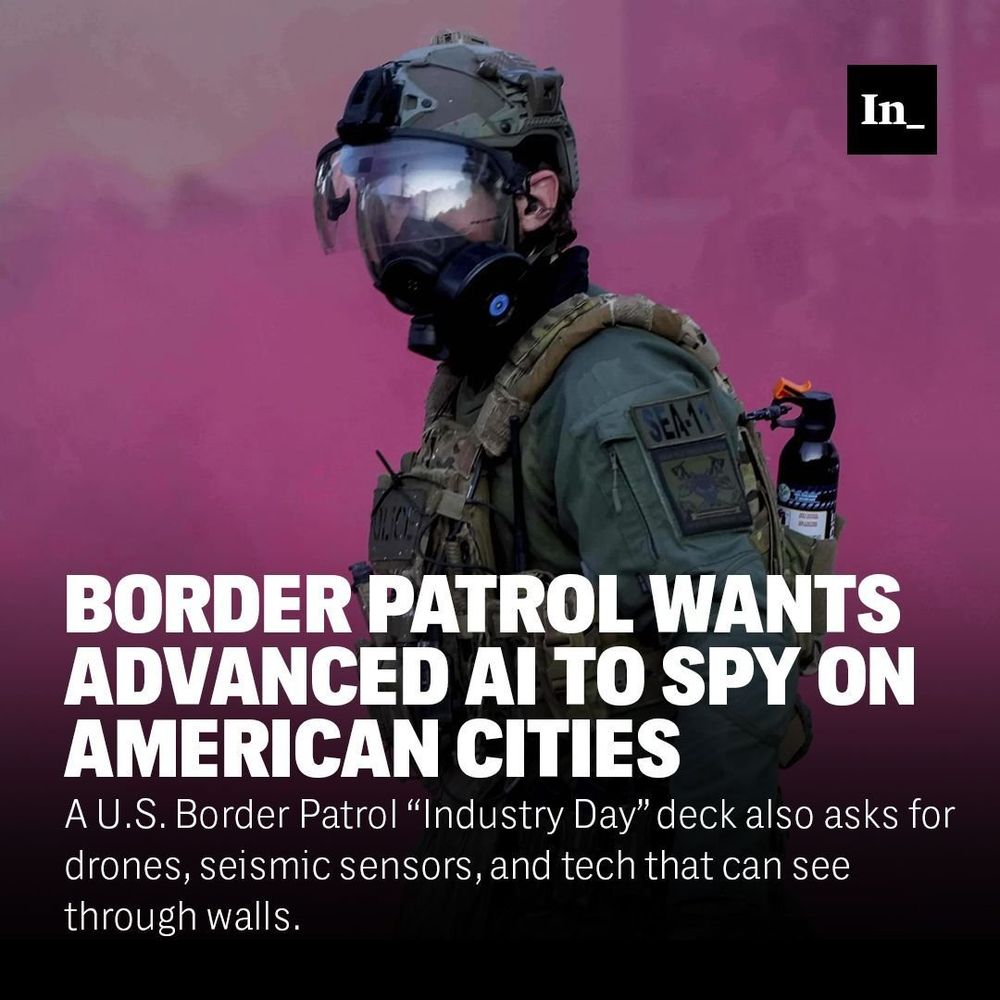 A photo of A U.S. Customs and Border Protection agent looks on as smoke fills an area outside the U.S. Immigration and Customs building during a protest Saturday, June 14, 2025, in Portland, Ore., overlaid with the headline, "Border Patrol Wants Advanced AI to Spy on American Cities," and the DEK, "A U.S. Border Patrol “Industry Day” deck also asks for drones, seismic sensors, and tech that can see through walls."