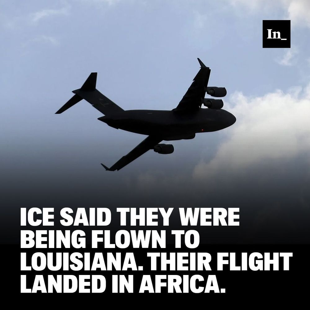 A photo of a U.S. military aircraft taking off from Fort Bliss in El Paso, Texas, on January 30, 2025, carrying migrants being deported to Guatemala, overlaid with the headline, "ICE Said They Were Being Flown to Louisiana. Their Flight Landed in Africa."