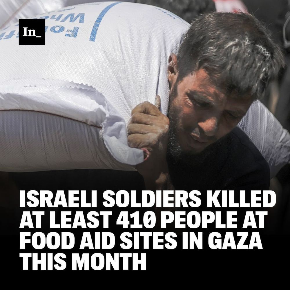 A photo of a man carrying a flour sack from the World Health Organization warehouse, in Gaza City, Gaza, on June 26, 2025, overlaid with the headline, "Israeli Soldiers Killed at Least 410 People at Food Aid Sites in Gaza This Month."