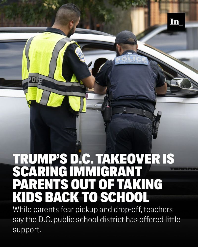 A photo of Federal agents and Metropolitan Police Department officers performing stops at a security checkpoint near Nationals Park on Aug. 15, 2025, in Washington, D.C., overlaid with the headline, 