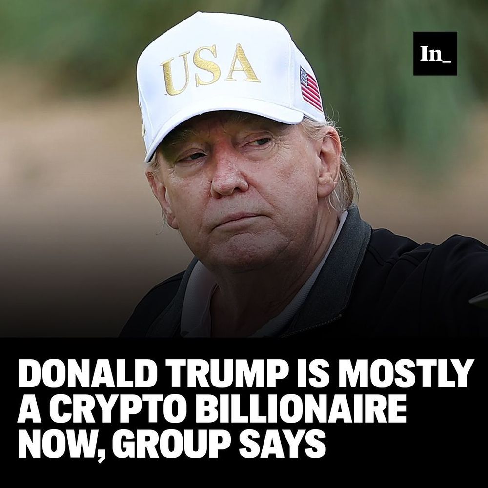 A photo of Donald Trump opening his new golf course at his Trump International Golf links resort on July 29, 2025, in Balmedie, Scotland, overlaid with the headline, "Donald Trump Is Mostly a Crypto Billionaire Now, Group Says."