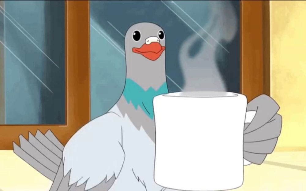 a cartoon pigeon is holding a cup of coffee in front of a window