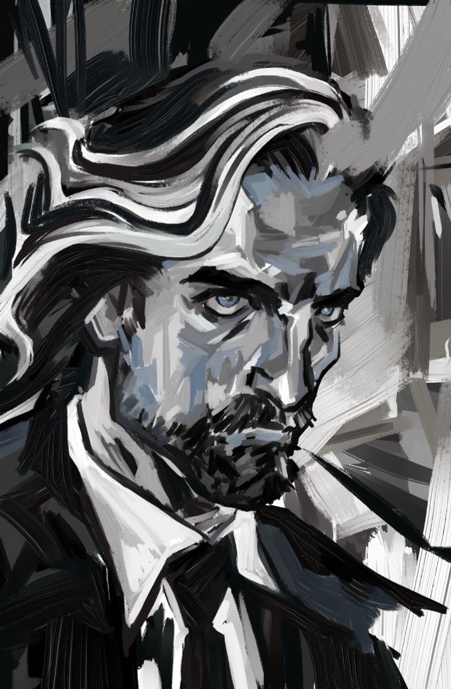A painting of Verso from Expedition 33 in the style of idiot doom spiral from Disco Elysium 