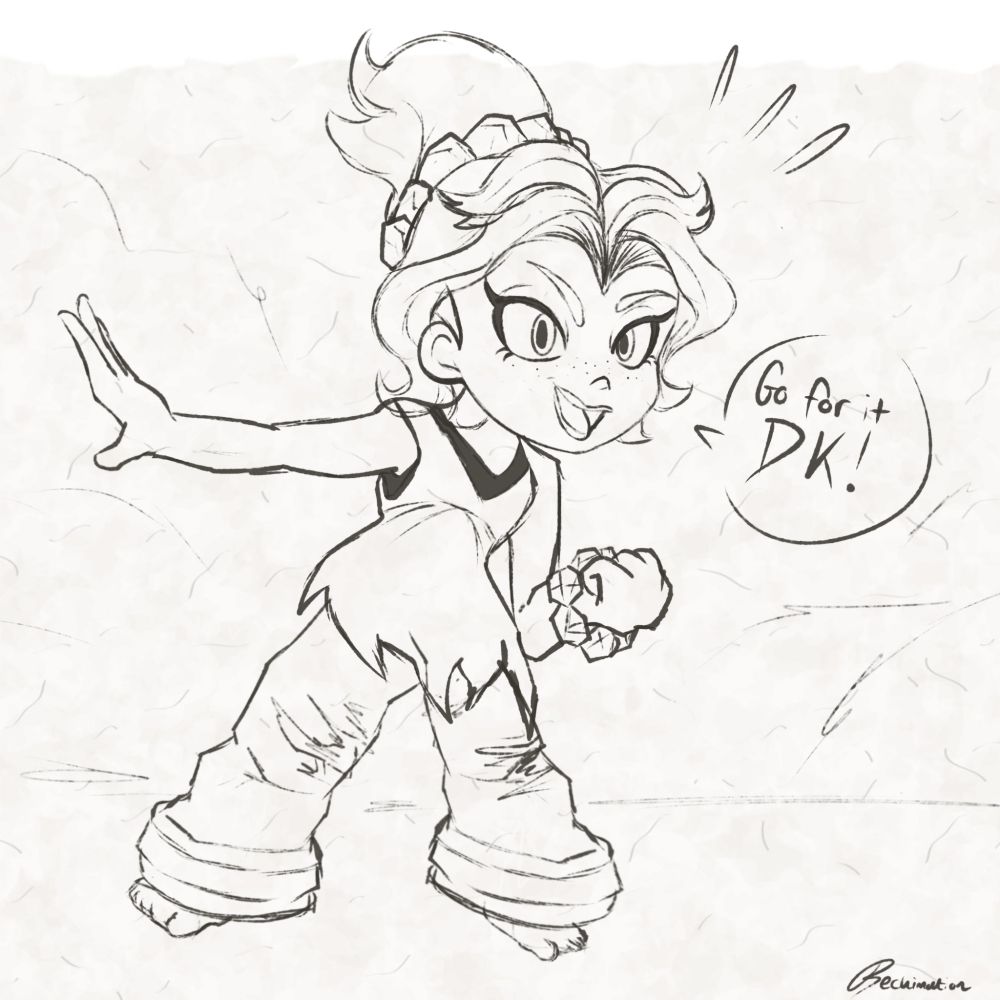 Pauline, a girl in caveman esk clothing, drawn in a sketch style. She looks determined and is shouting the words "Go for it DK!" 