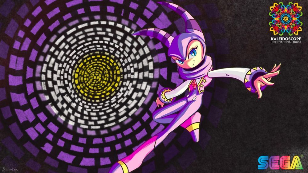 NiGHTS, a jester character dressed in purple flies across a backdrop. The background has a circle made up of yellow, white, purple and black hues. The text "SEGA" and "Kaleidoscope" can be read in the corner