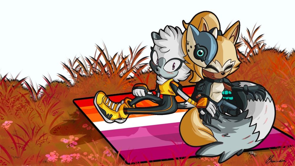 Tangle, a lemur sits on a blanket with Whisper, a wolf. The blanket dons the colours of the lesbian flag. The two are very subtly holding hands 