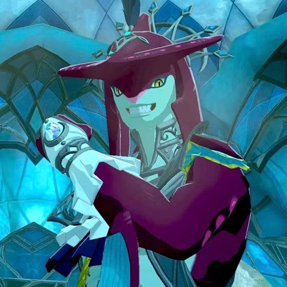 Screenshot of a cgi zora fishman in red with a hammerhead shark head, fins and white gloves 