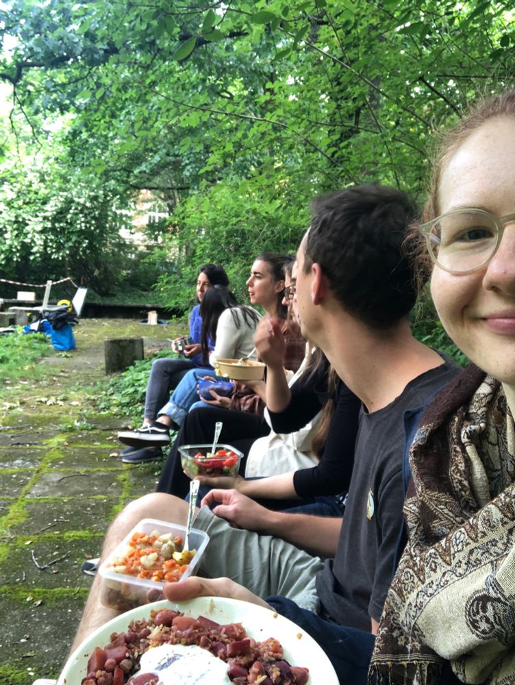 Selfie im Park mit sieben Menschen die in einer Reihe hintereinander sitzen und Mittagessen auf den Knien haben | Selfie at the park with seven people sitting next to each other with their lunch on their knees