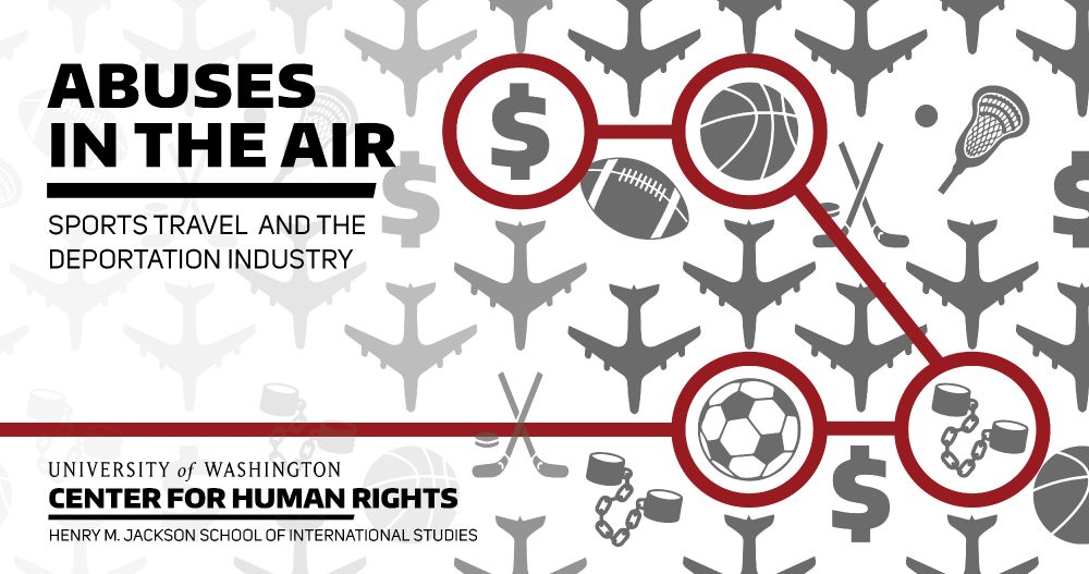 Abuses in the Air report cover promo graphic: grayscale images of dollar signs link to basketballs, soccer balls, handcuffs, and airplanes.