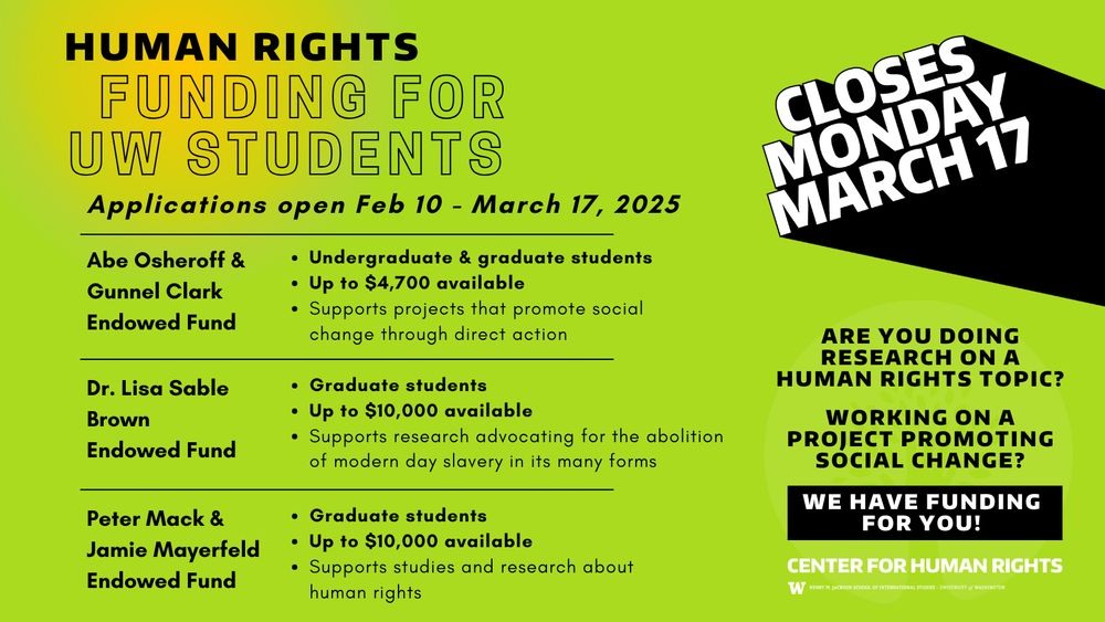 Abe Osheroff and Gunnel Clark Fund
- Open to undergraduate and graduate students
- Up to $4,700 available
- Supports projects that promote social change through direct action

Dr. Lisa Sable Brown Fund
- Open to graduate students
- Up to $10,000 available
- Supports research advocating for the abolition of modern day slavery in its many forms

Peter Mack & Jamie Mayerfeld Endowed Fund
- Open to graduate students
- Up to $10,000 available
- Supports studies and research about human rights
