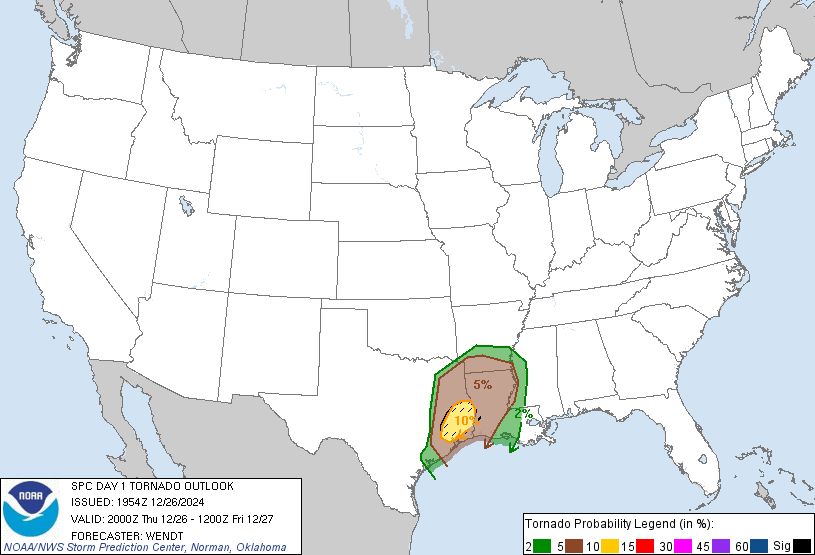 Chance for tornadoes tonight in west Texas into east Louisiana. The Storm Prediction Center highlights that there is a possibility of EF2+ tornadoes, hail could reach up to 1.75 inches with 60-70 mph winds. Stay safe out there! 