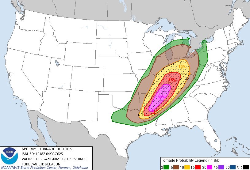 Tornado chances. Hatched indicates significant. Verified. 