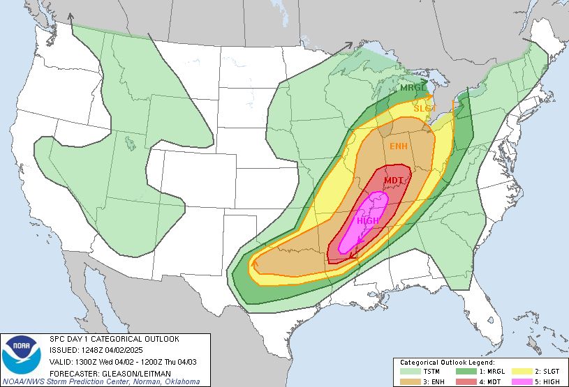 High Risk for April 2nd, 2025. This high risk verified causing many long track violent tornadoes. 