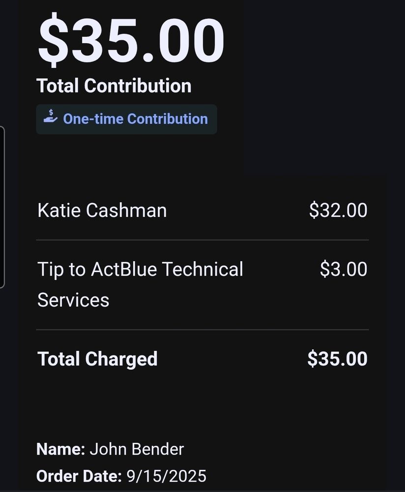 Confirmation of $32 donation to Katie Cashman 