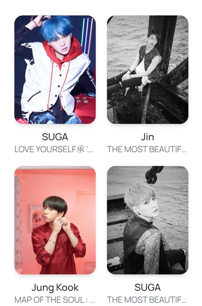 4 photocards, 2 of Suga, 1 of Jin and 1 of Jungkook.