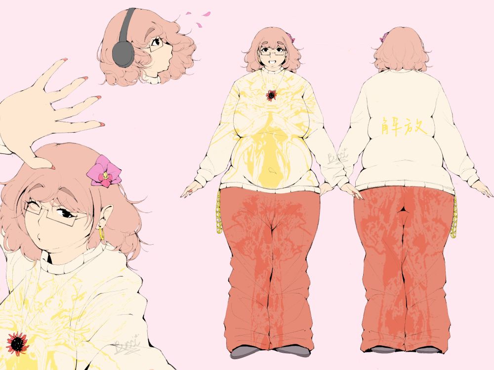 a refrence sheet of my oc, Kairi! she's wearing a cream white sweater with a yellow design and large coral red pants with a similar esthetic. She has light red curly hair with an orchid flower clip attached. Morevoer she uses accessories such as a red and black chrysanthemums necklace and a golden chain attached to her hip. 