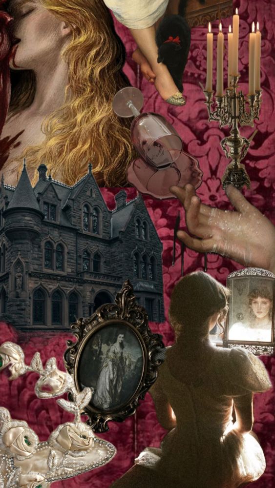 A moody collage on a red brocade background, featuring images of a pale strawberry-blonde woman with a bloodied mouth, a painting of a woman staring into a mirror, a black cat rubbing a woman's slippered foot, lace embroidery, a gothic manor, a candelabra, a hand catching drops of ran, a painted portrait of a woman in a metal ornate frame, and a spilled glass of red wine/blood.