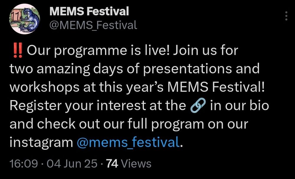 Our programme is live! Join us for two amazing days of presentations and workshops at this year’s MEMS Festival! Register your interest at the link in our bio (Twitter/X) and check out our full program on our instagram @mems_festival.