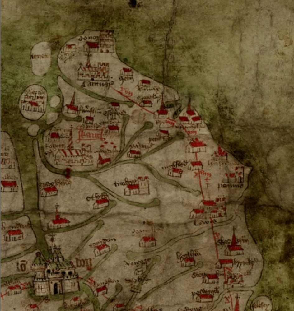 Section of the Bodleian Library's Gough Map depicting the area of Kent with Dover at the top of the map facing out into the English Channel 
