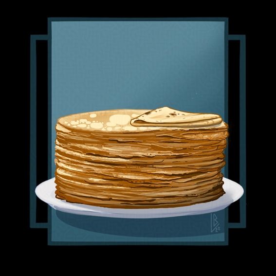 Sur un fond géométrique bleu et noir, une assiette ave cune grosse pile de crêpe dessus. La première est pliée.