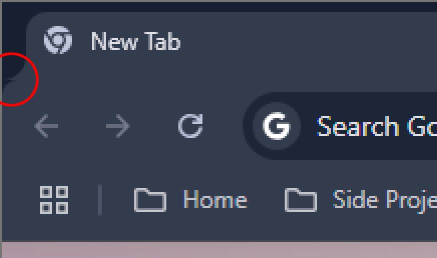 Screenshot of Chrome, showing the first browser tab not fully aligning with a curved edge. A red circle highlights the very minor visual issue.
