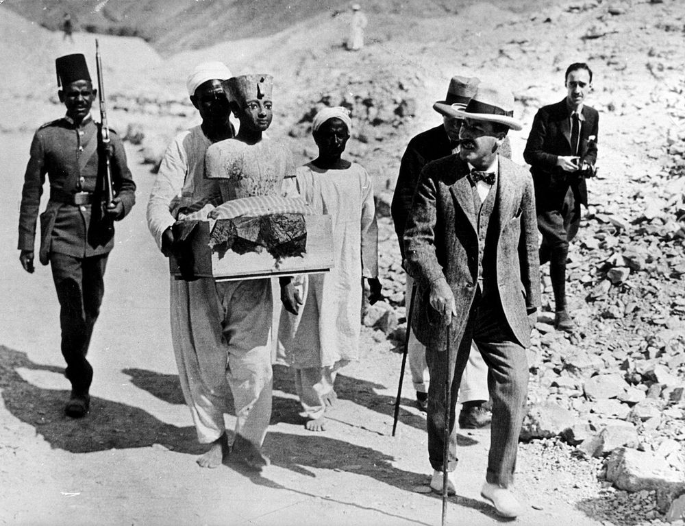 Archaeologist Howard Carter with booty from the Tomb of Tutankhamen.