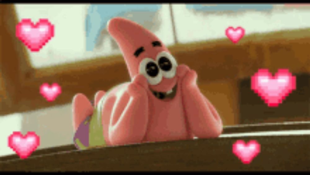 patrick star from spongebob squarepants laying on a ledge with pink hearts around him