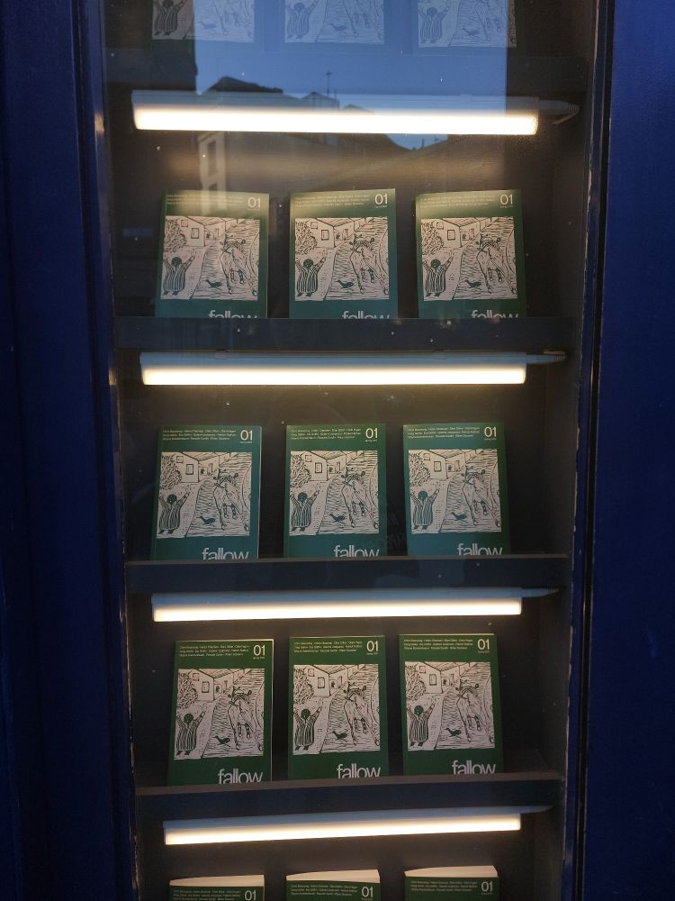 Copies of fallow in the window of books upstairs 