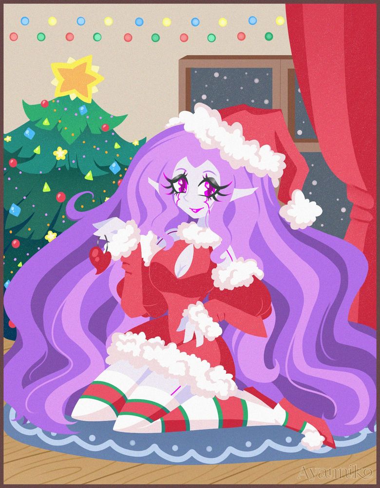 The digital drawing in festive christmas theme which features Voltuea, the avlix alien species original character who belongs to OneMagnus on Bluesky.

Voltuea is a gorgeous lady with very long and curly lavender and purple shades hair, her eyes are magenta pink color, her skin is pale lavender tone with magenta color lines on skin. She has black eyeshadows and magenta lipstick make up.

Voltuea wearing a short red christmas theme dress with white fur decorations, classical red christmas hat with fur ball on end, striped christmas long stockings, and red shoes which is decorated by fur balls.

Voltuea sitting on the pale blue carpet in cozy room which is decorated for Christmas and holding a heart shape christmas tree toy. Behind Voltuea there are christmas tree, decorative christmas lights on walls, and a window where is possible to see falling snow at night sky which is party covered by red curtain.

The artwork was done in lineless aesthetic drawing style.