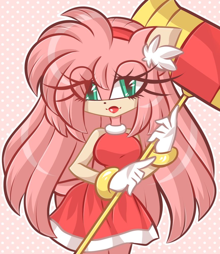 Digital fan art drawing which features Amy Rose from Sonic the Hedgehog series. Amy is a pink hedgehog lady who wears short red dress with white details. 

On the illustration Amy has more longer hair than usually, while a soft red lipstick on her lips making her apperance more tender and elegant. She holding Piko-Piko Hammer in hands. Her green eyes are half closed for more elegant look.

The art was done in soft pink and red colors with touch of white and yellow colors. There is a white polka dots pattern on the soft pink background behind Amy.