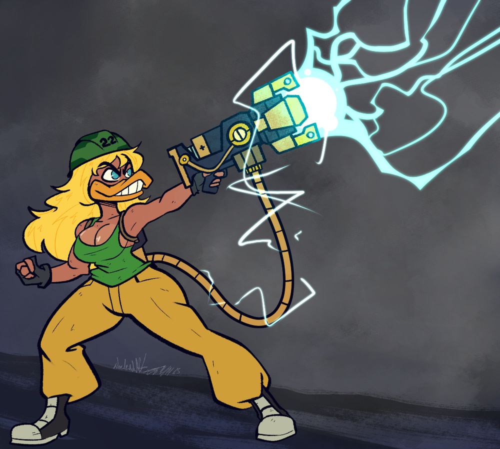 Sagittaria Pondleton (an anthro duck standing 5'0, 20 years old) with heart & hair of gold, and an army helmet, stands amidst a storm and is poised for action.

She wields a futuristic weapon, the Storm Leech. It's a weapon that drains lightning out of the sky to use for a massive, deadly electrical blast.

Artwork done by @wonderwaffle93.bsky.social - go check out his work already & support him ya'll! :D