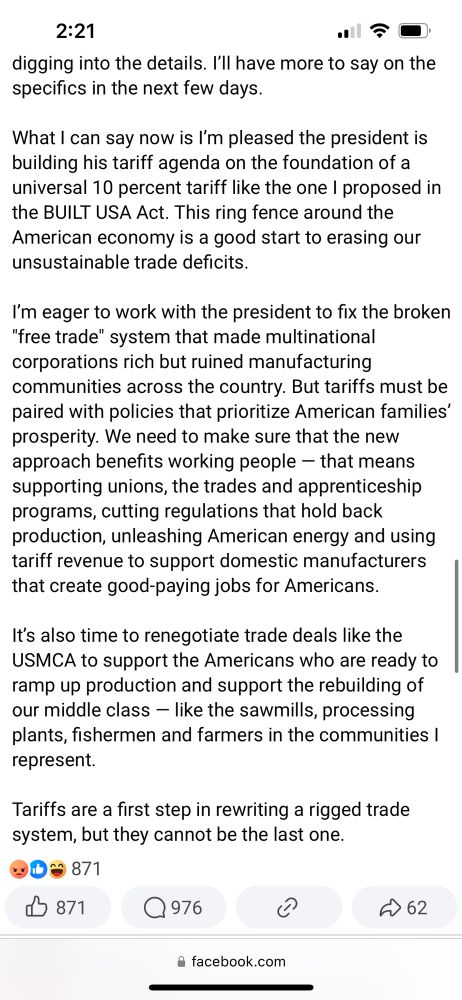 Second page of post on Facebook page titled “Congressman Jared Golden.” There are 871 reactions with “Anger” listed first, and 976 comments.