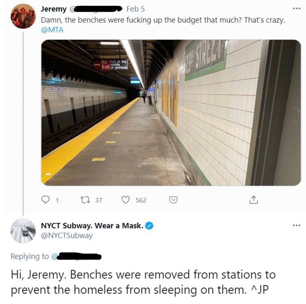 A twitter exchange wherein the subway authority admits it removed benches to prevent the homeless from sleeping on them