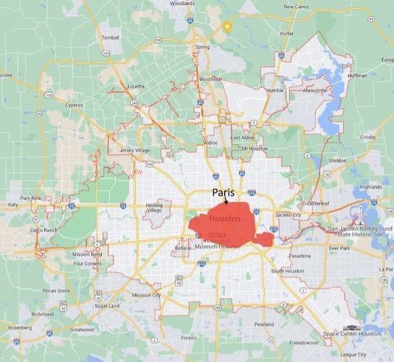 A map of Houston, Texas vs the outline of Paris. Both areas have the same population.