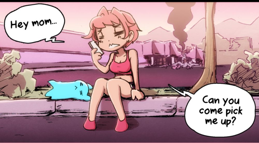 a defeated sunrise is sitting on the sidewalk, calling her mom to come pick her up. 