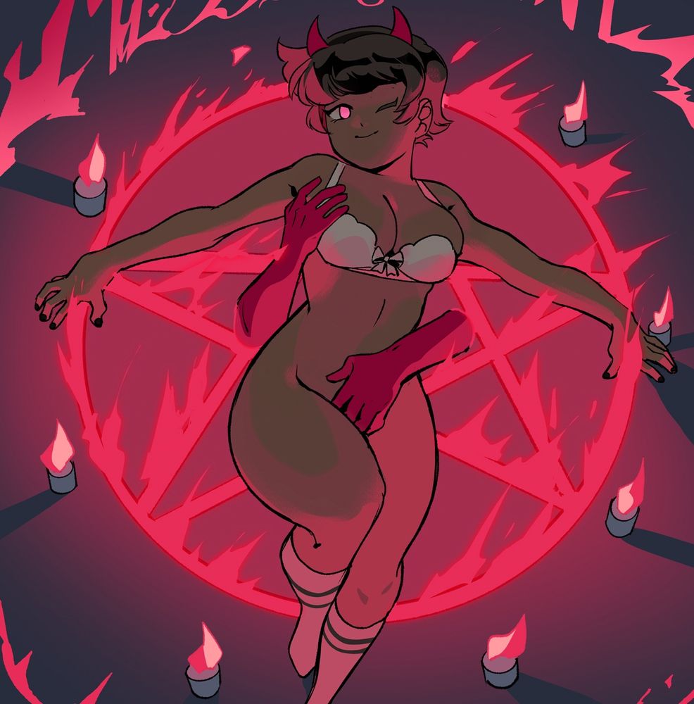 a hottie getting groped by arms emerging from a glowing pentagram portal. 