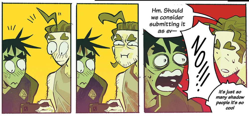 the ghosthunters are stunned upon watching their haunted sextape. One says "Hm. Should we consider submitting it as ev-" and their partner shrieks "NOOOO!!!"