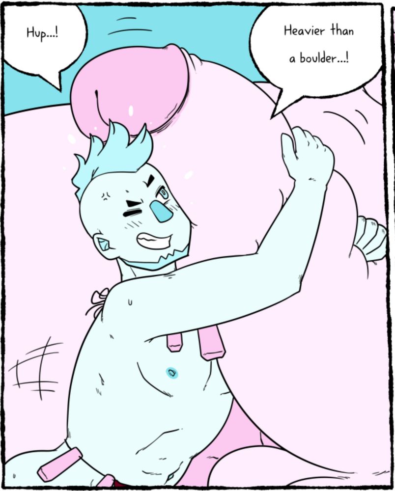 A little blue hunk is wrestling with a huge penis. He's saying "heavier than a boulder!"