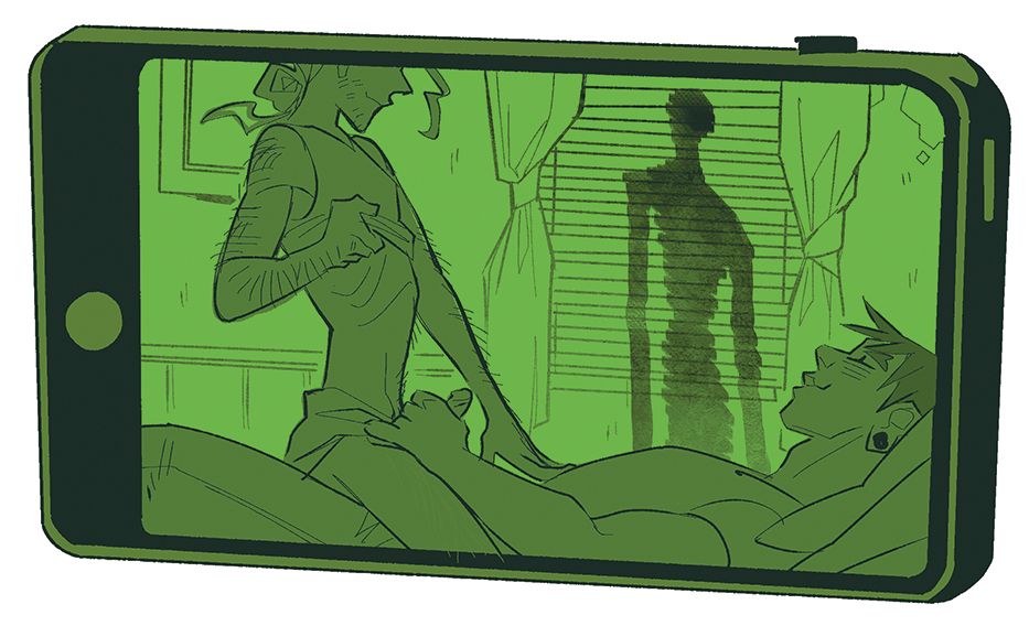 a phone playing back nightvision footage of ghosthunter sex. An ominous shadow of what used to be a person is present in the frame. 