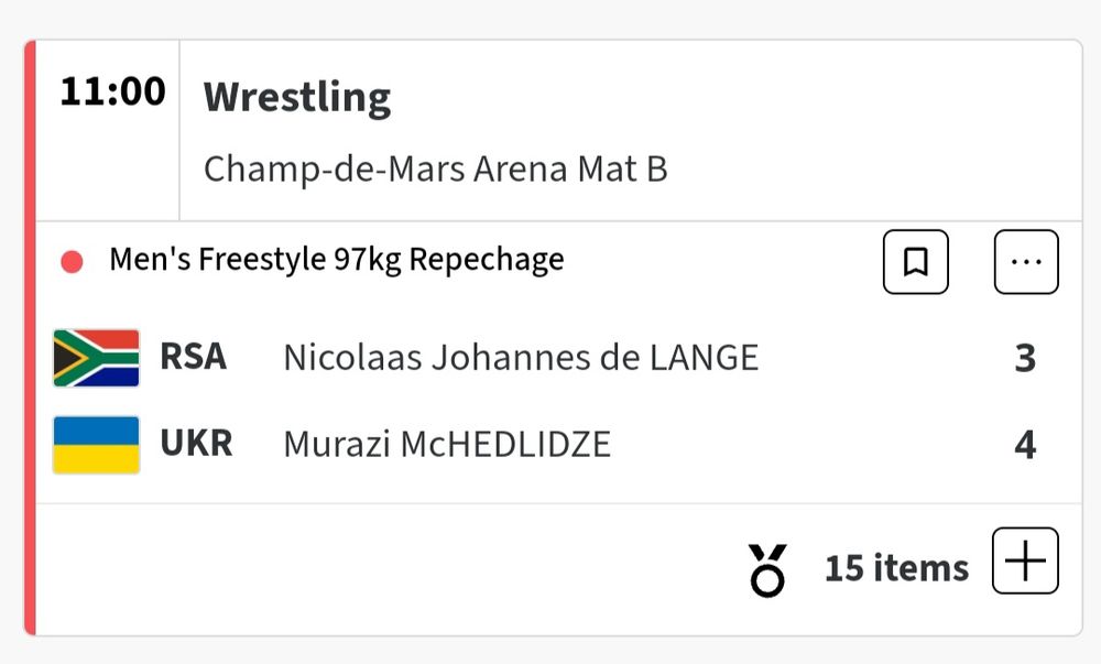 Screenshot showing a match in the wrestling Men's Freestyle 97kg Repechage between Nicholas Johannes de LANGE (RSA) and Murazi McHEDLIDZE (UKR)