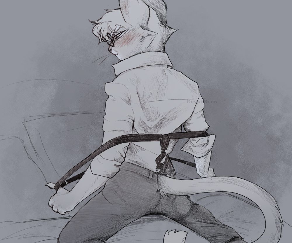 A sketch of Mordecai Heller from lacka daisy viewed from the back. He is on his knees and looking back over his shoulder, blushing, and seductively pulling his suspender straps off of his shoulders.