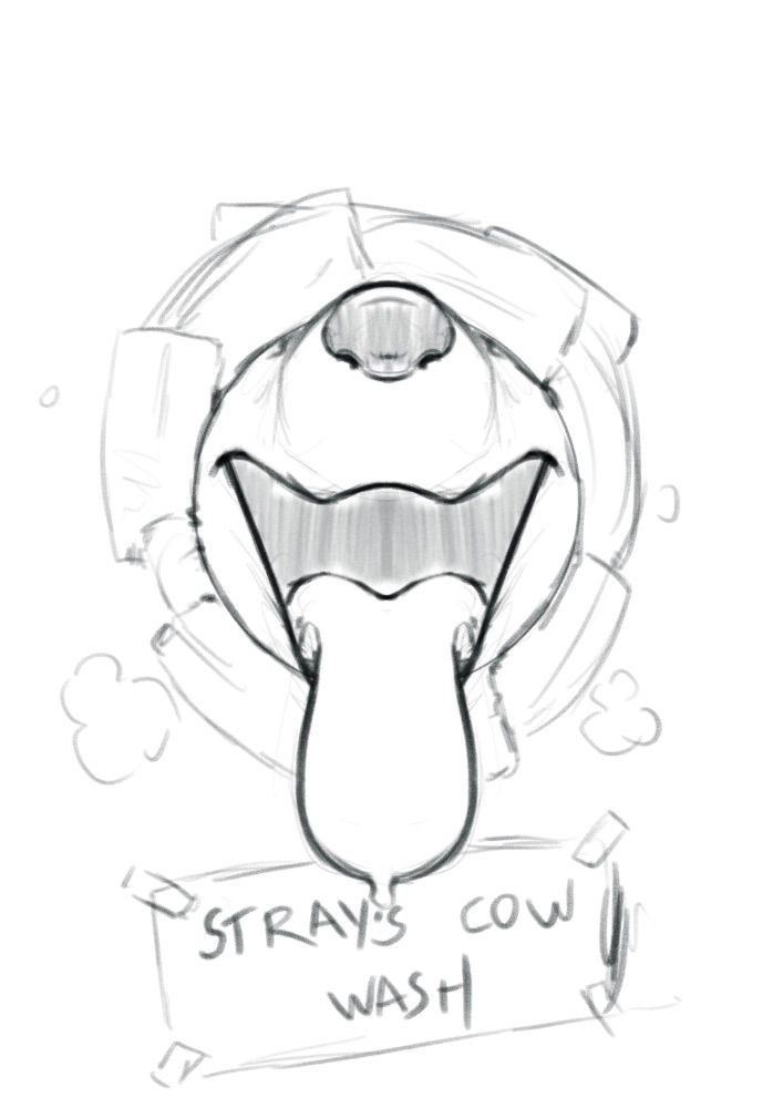 Stray's muzzle poked through a glory hole with her mouth open and tongue hanging out. Under the hole is a sign that reads "Stray's Cow Wash"