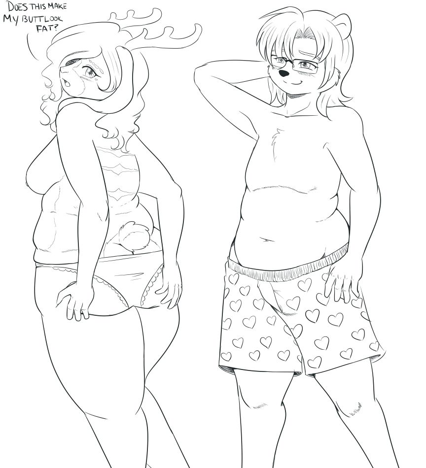 Chauvet, a chubby jackalope girl, wearing a pair of panties and asking Mocks Grizzly who himself is in a pair of heart-patterned boxers, "Does this make my butt look fat?"