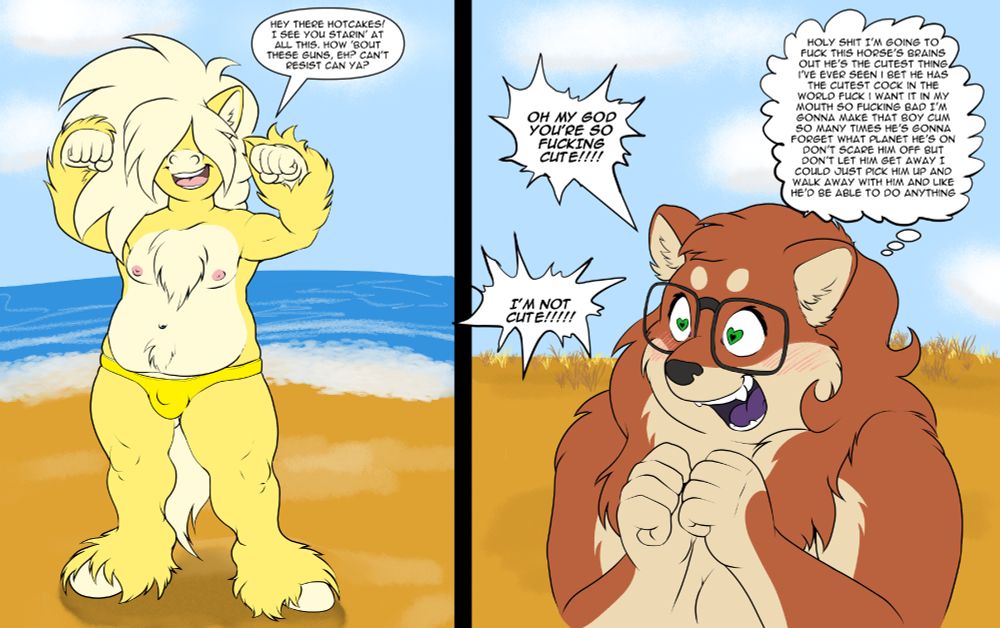 A yellow fallabella pony dude flexing and showing off saying "Hey there hotcakes! I see you starin' at all this. How about these guns, eh? Can't resist, can ya?" to Stray who has a horny stream of conscious thought while saying "Oh my god you're so fucking cute!!!" and getting a resposne of "I'm not cute!" from the pony guy