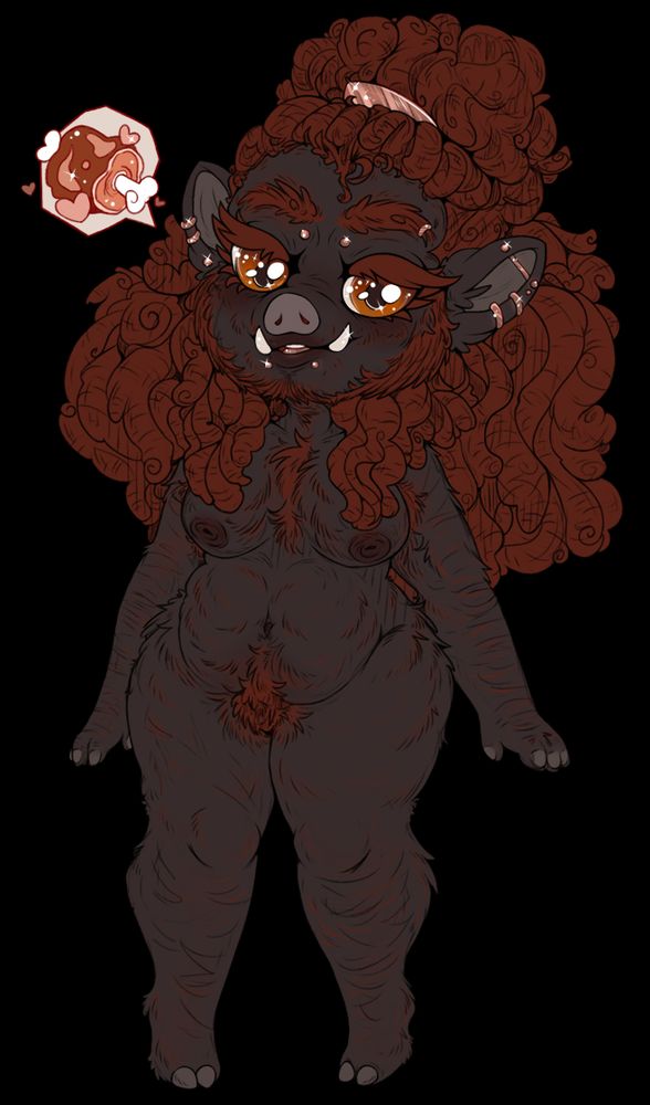 Nude pig orc cisgender woman with dark skin and curly red hair, a short beard and thick, red body hair