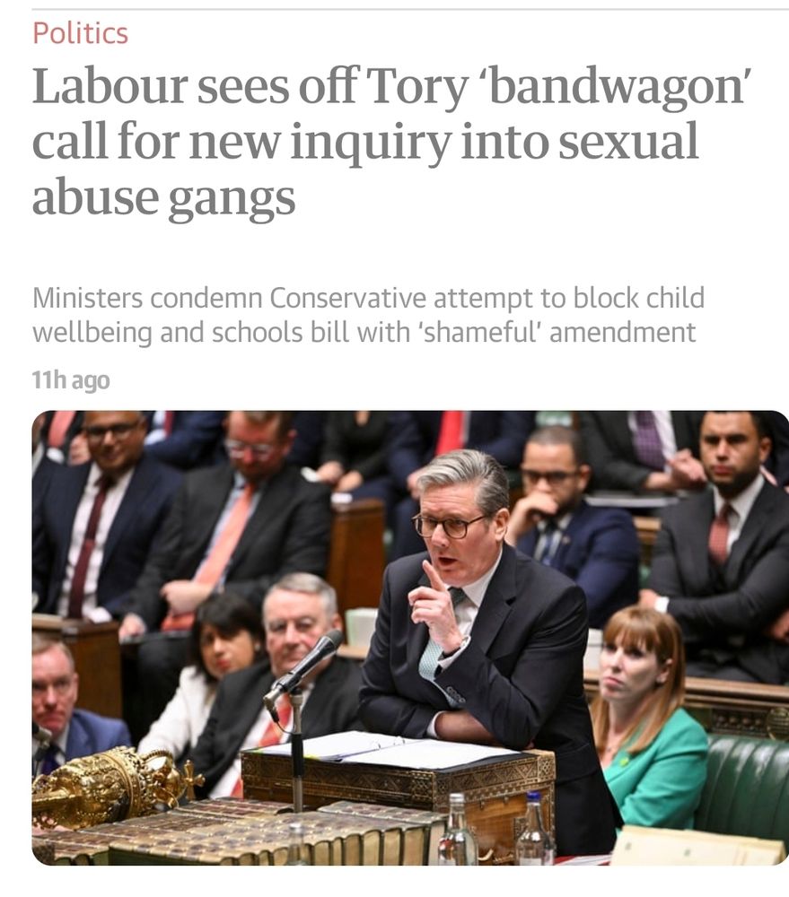 Guardian headline framing vote in Parliament as against new inquiry into grooming gangs and not in favour of child protection. 