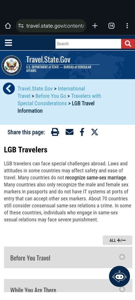 Capture d'écran d'une page du site Travel.State.gov intitulé "LGB Travelers" et comportant un paragraphe de texte d'information de voyage