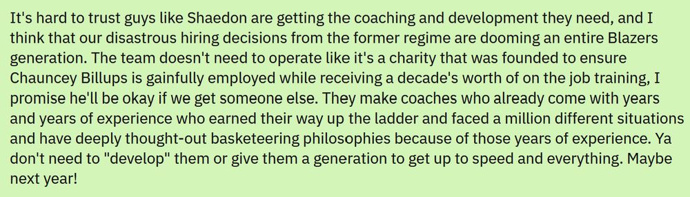A Blazer's Edge comment where Mortimer laments that the Blazers seem to have been turned into a coaching charity focused on making an unqualified coach (Chauncey Billups) good, possibly at the expense of the development of the players and team.