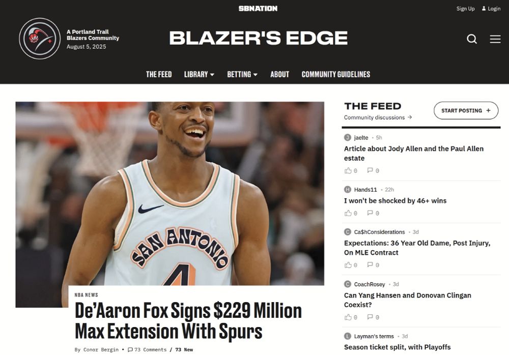 New front page of Blazer's Edge, with one big article picture and headline, with a list of user-submitted fanposts on the right.